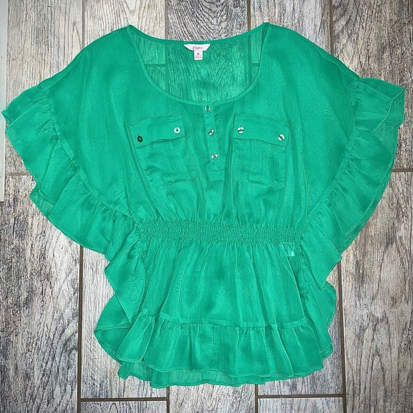 Candies Kelly Green Light Weight Ruffle Top with Ruched Waist - Picture 4 of 6